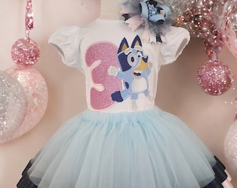 Blue heeler outfit, themed birthday outfit, party outfit, blue dog embroidered top, pink glitter