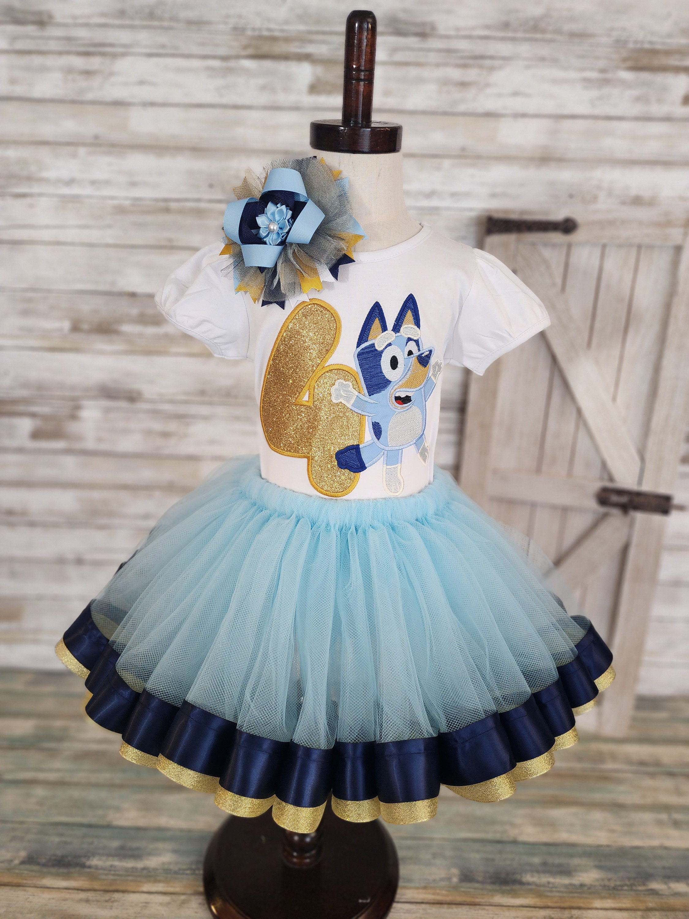 ReignBowsNtoes Bluey Outfit- Bluey Birthday Outfit- Bluey Denim Set 4T