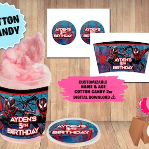 Etiketten Spiderman Miles Morales Party Pack - Cotton Candy 2oz - DIGITAL DOWNLOAD - Geburtstagszubehör zum ausdrucken