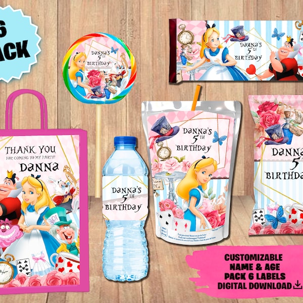 Labels For Alice in Wonderland Party Pack - Chip Bag - Favor Bag - Juice - Water Bottle - Chocolate - Lollipop labels - DIGITAL DOWNLOAD