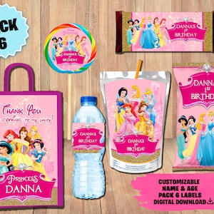 Princesses label pack - Chip Bag - Favor Bag - Juice - Water Bottle - Chocolate Wrapper - lollipop Label - DIGITAL DOWNLOAD Princess Party