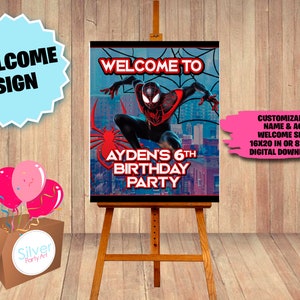 Etiketten Spiderman Miles Morales Party Pack - Welkomstbord - DIGITALE DOWNLOAD - Afdrukbare verjaardagsbenodigdheden - Welkomstposter