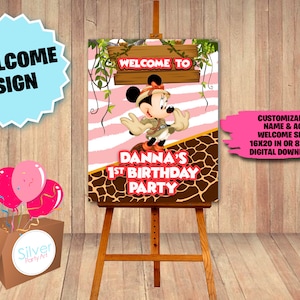 Etiquetas para pacote de festa Safari da Minnie Mouse - Sinal de boas-vindas de aniversário - DOWNLOAD DIGITAL - Pôster de boas-vindas de aniversário - Artigos de festa