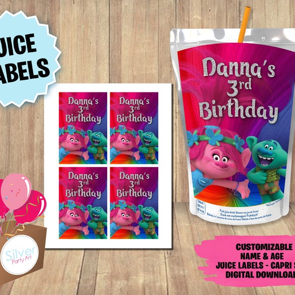 Labels Trolls Birthday Party Pack - Juice Label - DIGITAL DOWNLOAD - Capri Sun Regular Size