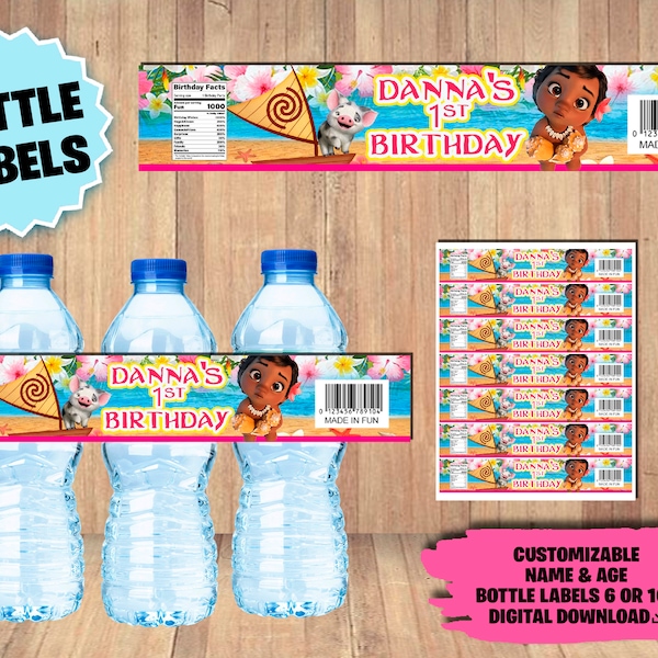 Labels For Baby Moana Party - Water Bottle Label - DIGITAL DOWNLOAD - Baby Moana Printable - Birthday Supplies - Drink Bottles