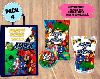 Étiquettes pour paquet de fête Avengers - sac à croustilles - sac de cadeaux - jus de fruits - sucette - TÉLÉCHARGEMENT NUMÉRIQUE - fournitures d'anniversaire