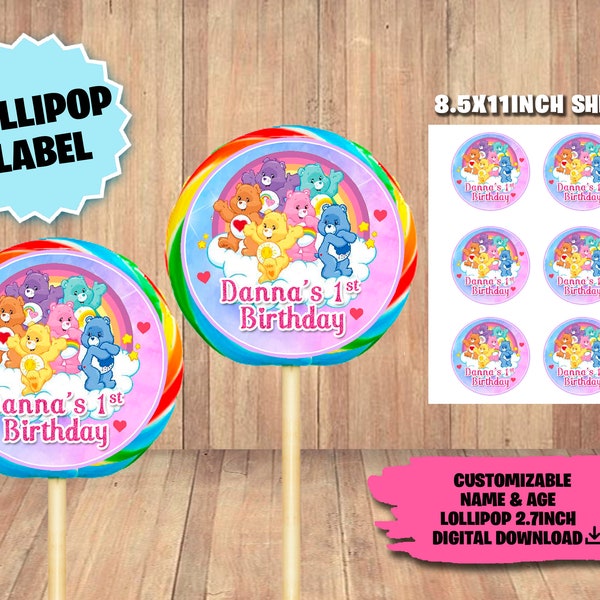 Label For Care Bears Party - Lollipop Label - DIGITAL DOWNLOAD - Carebears Printable - Birthday Supplies