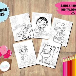 Etiketten Baby Moana verjaardagsfeestje - Pack van 5 kleurplaten - DIGITALE DOWNLOAD - Zwart-wit tekening - Verjaardagsbenodigdheden