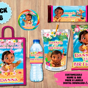 Étiquettes Baby Moana Party Pack - sac à chips - pochette cadeau - jus de fruits - bouteille d'eau - emballage de chocolat - sucette - TÉLÉCHARGEMENT NUMÉRIQUE - lot de 6