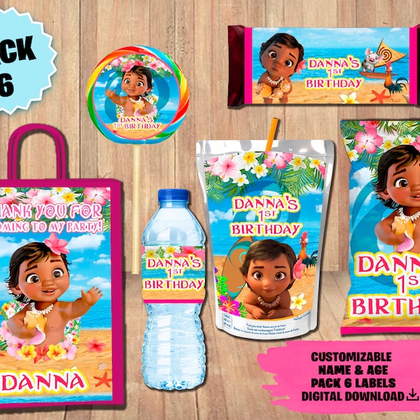 Labels Baby Moana Party Pack - Chip Bag - Favor Bag - Juice - Water Bottle - Chocolate Wrapper - Lollipop - DIGITAL DOWNLOAD - 6 Pack