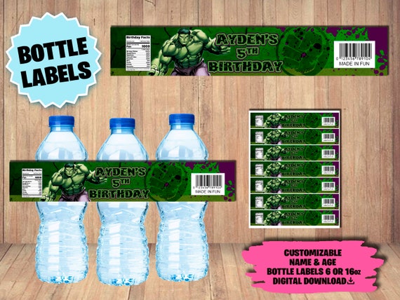 Hulk Water Bottle Labels, Hulk Bottle Labels, Water Labels, Hulk