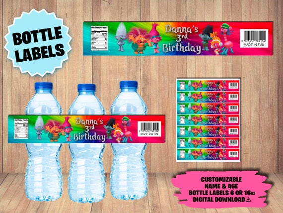 Labels Trolls Birthday Party Pack Water Bottle Label DIGITAL DOWNLOAD From  Bottles 6oz to 16oz 
