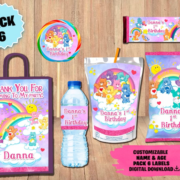 Etiketten für Pflegebären Party Paket - Chipsbeutel - Geschenktasche - Saft - Wasserflasche - Schokoladenetikett - Lollipop - DIGITAL DOWNLOAD - Carebears