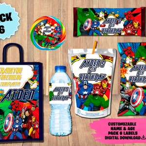 Labels Avengers Pack - Chip Bag - Favor bag - Juice - Water Bottle - Chocolate Wrappers - Lollipop Label - DIGITAL DOWNLOAD Super Heros