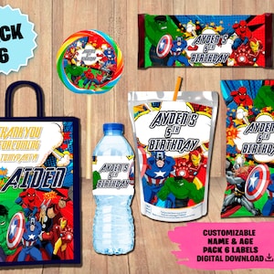 Etykiety Avengers Pack - Torebka z chipsami - Torebka z upominkami - Sok - Butelka z wodą - Opakowania po czekoladkach - Etykieta na lizaki - POBIERANIE CYFROWE Superbohaterowie
