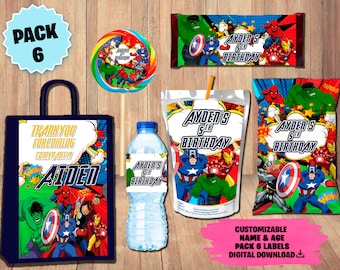 Labels Avengers Pack - Chip Bag - Favor bag - Juice - Water Bottle - Chocolate Wrappers - Lollipop Label - DIGITAL DOWNLOAD Super Heros