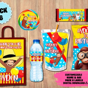 Curious George Party Pack - Chip Bag - Favor Bag - Juice - Water Bottle - Chocolate Wrapper - Lollipop Label - DIGITAL DOWNLOAD - 6 Pack