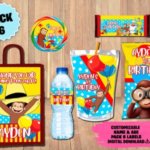 Curious George-feestpakket - zakje chips - bedankzakje - sap - waterfles - chocoladeverpakking - lollylabel - DIGITALE DOWNLOAD - 6 pack