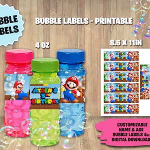 Etichette per bottiglie a bolle di Mario Bros - Festa di compleanno di Mario Bros - DOWNLOAD DIGITALE - Bubble 4oz