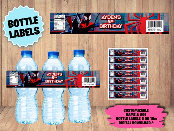 Labels for Miles Morales Party Water Bottle Label DIGITAL DOWNLOAD Miles  Morales Printable Birthday Supplies Drink Bottles 