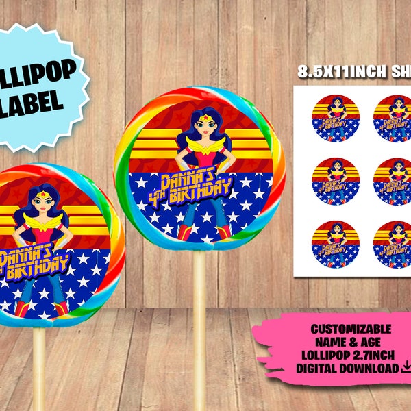 Label For Wonder Woman Party - Lollipop Label - DIGITAL DOWNLOAD - Wonder Woman Printable -Birthday Supplies - Lollipop labels 2.7in