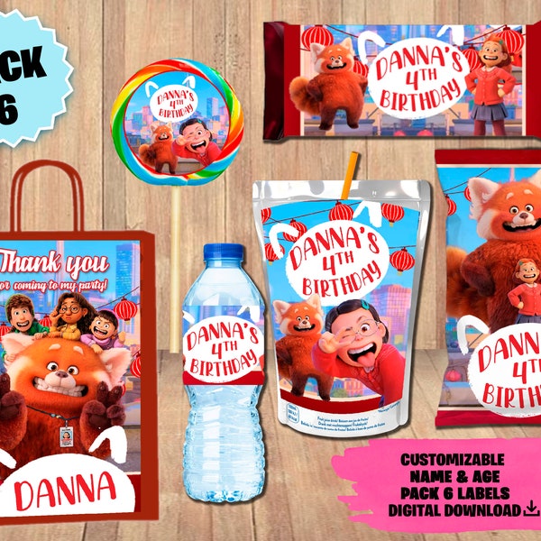 Labels For Turning Red Party Pack - Chip Bag - Favor Bag - Juice - Water Bottle - Chocolate Wrapper - Lollipop - DIGITAL DOWNLOAD - 6 Pack