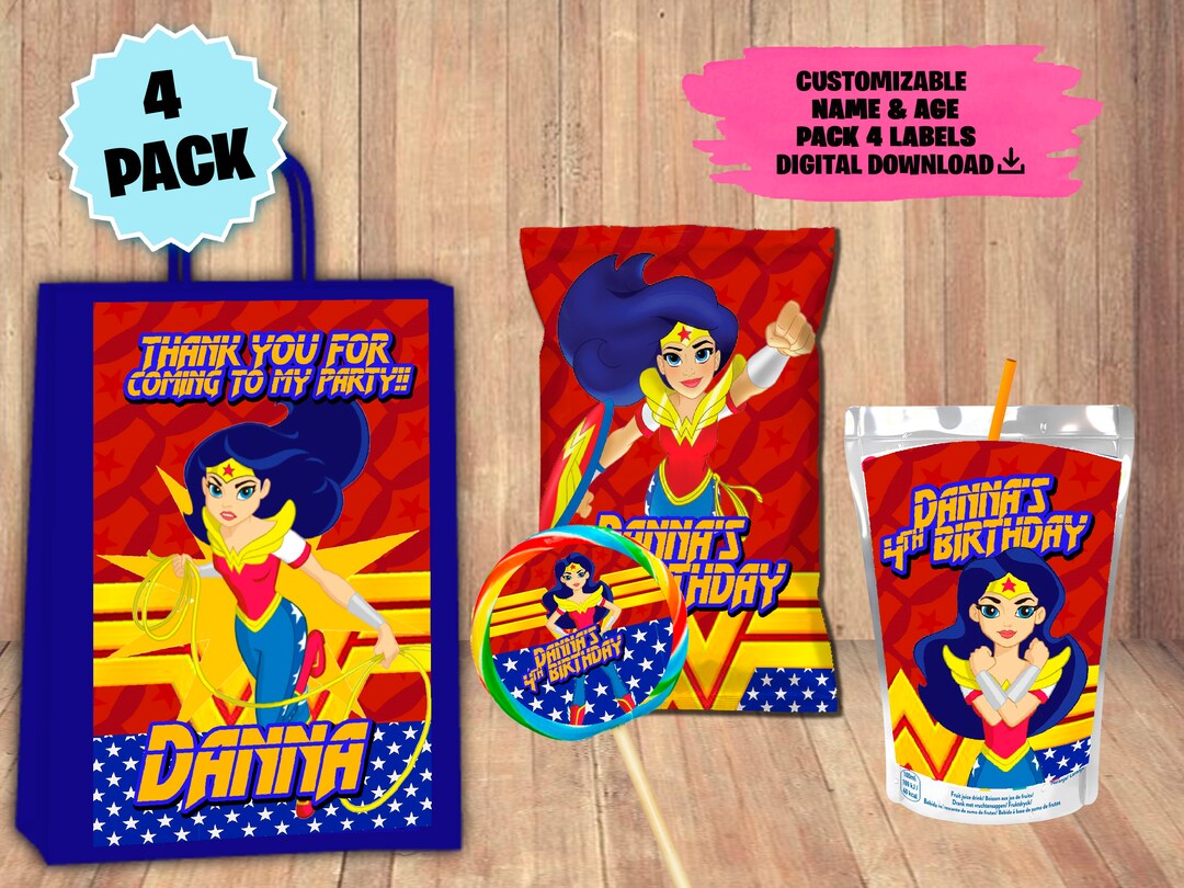 Labels for Wonder Woman Party Pack Chip Bag Favor Bag Juice Lollipop