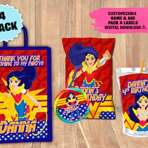Etykiety na zestaw imprezowy Wonder Woman - Torebka z chipsami - Torebka z upominkami - Sok - Lizak - POBIERANIE CYFROWE - Artykuły urodzinowe Wonder Woman