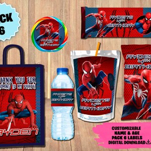 Etykiety Spiderman Party Pack - Torebka na chipsy - Torebka na upominki - Sok - Butelka na wodę - Opakowanie czekolady - Lizak - POBIERANIE CYFROWE