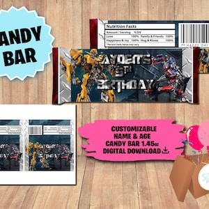 Étiquettes pour pack fête d'anniversaire Transformers - Barre chocolatée de 1,45 oz à 1,55 oz - TÉLÉCHARGEMENT NUMÉRIQUE - Emballage de chocolat - Fournitures imprimables