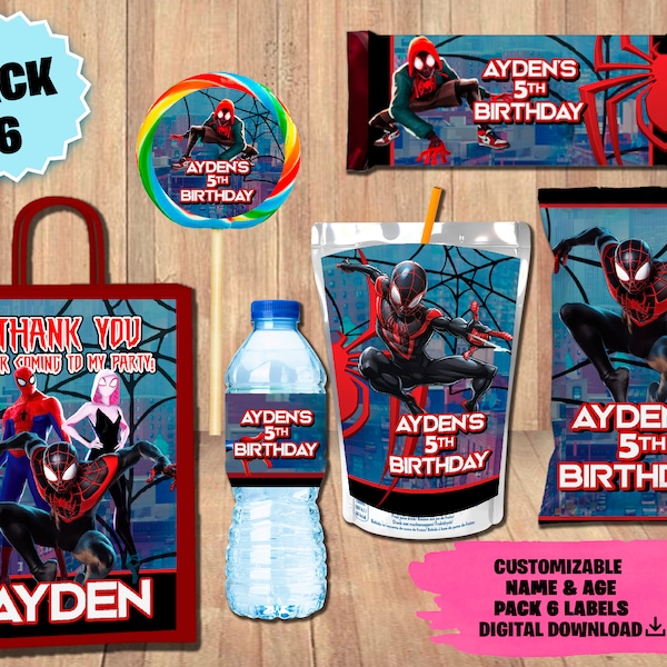 Labels Spiderman Miles Morales Party Pack - Chip Bag - Favor Bag - Juice Labels - Candy Bar - Water Bottle - Lollipop -DIGITAL DOWNLOAD