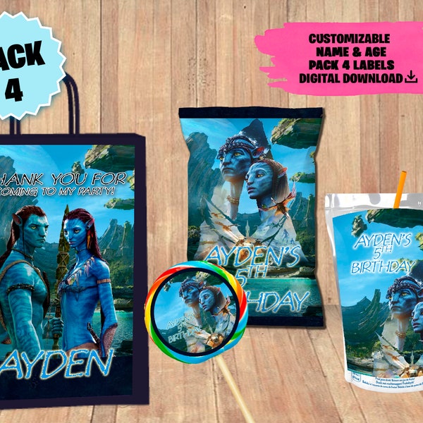 Labels for AVATAR Party Pack - Chip Bag - Favor Bag - Juice - Lollipop Label - DIGITAL DOWNLOAD - 4 Pack Avatar