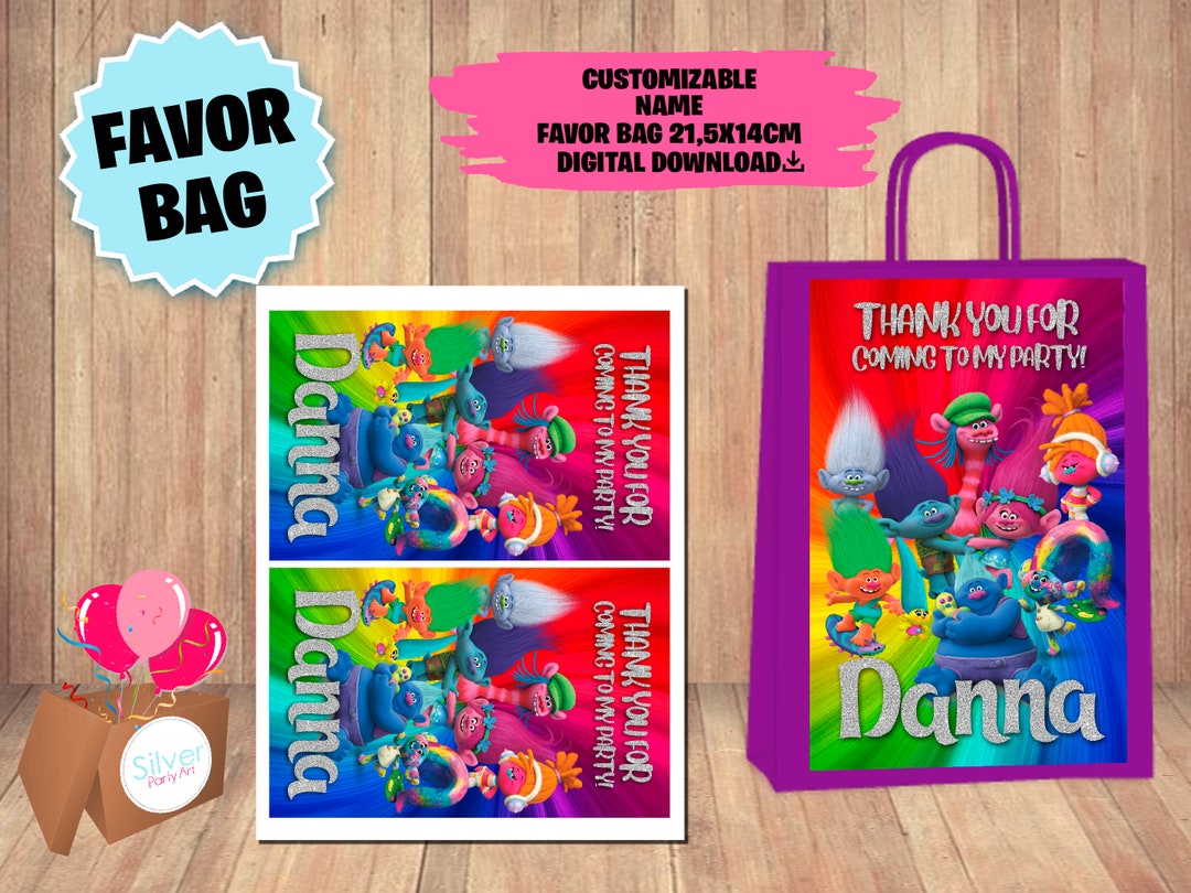 Labels Trolls Birthday Party Pack Favor Bag Label, Gift Bag, Goodie Bag