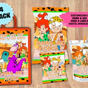 Pack fête d'étiquettes Bamm Bamm et galets - Sac de croustilles, sac de cadeaux, jus de fruits, collations aux fruits TÉLÉCHARGEMENT NUMÉRIQUE - Imprimable lot de 4