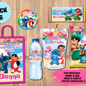 Etichette per pacchetto feste Lilo e Stitch - Borsa per patatine - Borsa per bomboniere - Succo - Bottiglia d'acqua - Cioccolato - Etichette lecca-lecca - DOWNLOAD DIGITALE