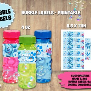 Etiquetas para pacote de festa de aniversário Blue's Clues - Etiqueta de garrafa de bolhas - DOWNLOAD DIGITAL - Suprimentos para impressão