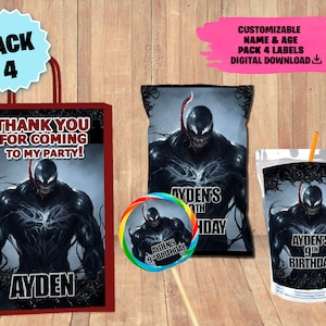 Étiquettes pour VENOM Party Pack - Sac à chips - Sac de cadeaux - Jus de fruits - Étiquette sucette - TÉLÉCHARGEMENT NUMÉRIQUE - Lot de 4