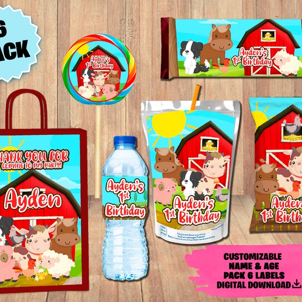 Labels for Farm Party Pack - Chip Bag, Juice, Candy Bar, Favor Bag, Water Bottle Label - Lollipop - DIGITAL DOWNLOAD