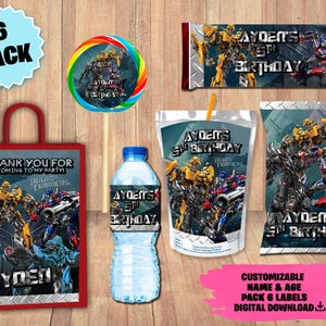 Etykiety na pakiet urodzinowy Transformers - Torebka z chipsami - Torebka z upominkami - Sok - Butelka z wodą - Opakowanie czekolady - Lizak - POBIERANIE CYFROWE