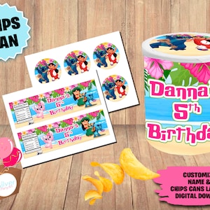 Etichette per confezione festa di compleanno Lilo e Stitch, lattina per patatine 1,3 once, DOWNLOAD digitale, forniture stampabili per feste, etichette per lattina.