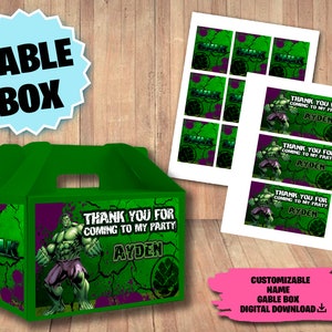 Etiketten Hulk Birthday Party Pack - Giebelbox Etikett - DIGITAL DOWNLOAD - Geschenkbox Druckbares Zubehör - Superhelden Leckerli Box Vorlagen.