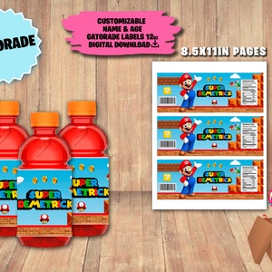 Etichette per confezione festa di compleanno di Mario Bros, etichetta o confezione da 12 once, DOWNLOAD digitale, bevanda sportiva per Super Mario.