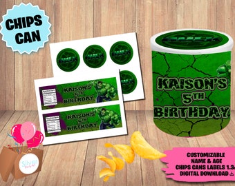 Labels For Hulk Party Chips Can 1.3oz Snack, Label & Wrapper For Hulk, Personalized, DIGITAL File Printable, Chip Can Label