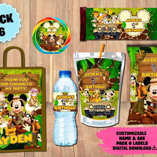 Labels for Mickey Mouse Safari Party Pack - Chip Bag - Favor Bag - Juice - Water Bottle - Chocolate Wrapper - Lollipop - DIGITAL DOWNLOAD