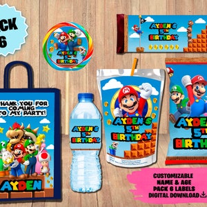 Labels Mario Bros Party Pack - Chip Bag - Favor Bag - Juice - Water Bottle - Chocolate Wrapper - Lollipop Label Mario Bros DIGITAL DOWNLOAD