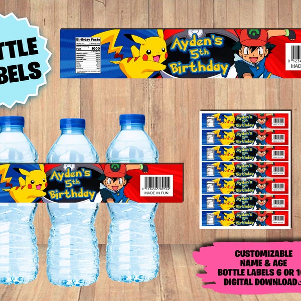 Labels Pokemon Birthday Party Pack - Water Bottle Label - DIGITAL DOWNLOAD - Ash Ketchum, Pikachu, Bulbasaur, Squirtle - From 6oz to 16oz