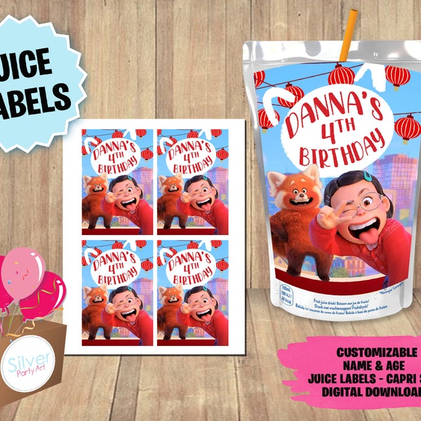 Labels For Turning red Party - Juice Label - DIGITAL DOWNLOAD - Turning red Capri sun Printable - Birthday Supplies