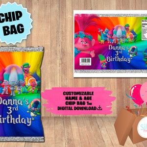 Etiquetas Trolls Birthday Party Pack - Etiqueta Bolsa Chip - DESCARGA DIGITAL - Etiqueta para bolsa Chip 1oz