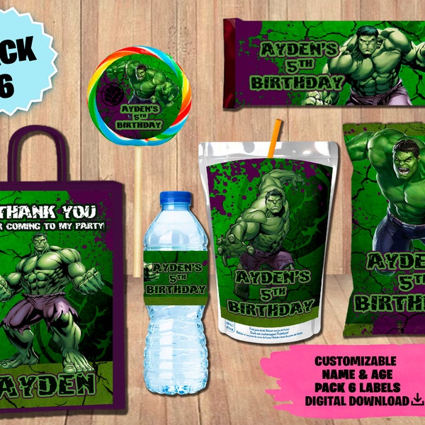 Etiquetas Hulk Party Pack - Bolsa de chips - Bolsa de favor - Jugo - Botella de agua - Envoltorio de chocolate - Etiqueta de piruleta - DESCARGA DIGITAL