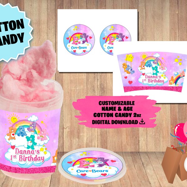 Labels For Care Bears Birthday Party Pack - Cotton Candy, Tube Cotton Candy Tub - DIGITAL DOWNLOAD - Supplies Printables Carebears